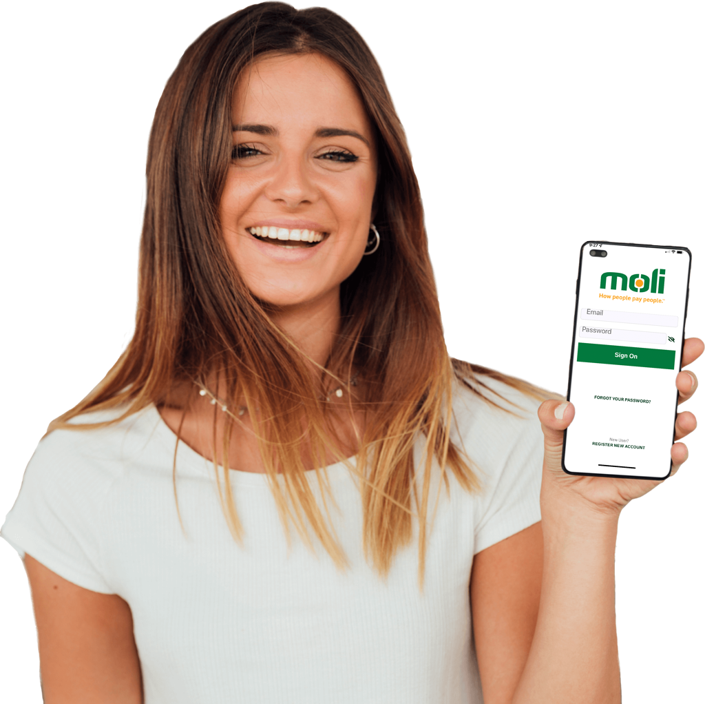 Happy Young Girl Holding Smartphone with Moli app showing